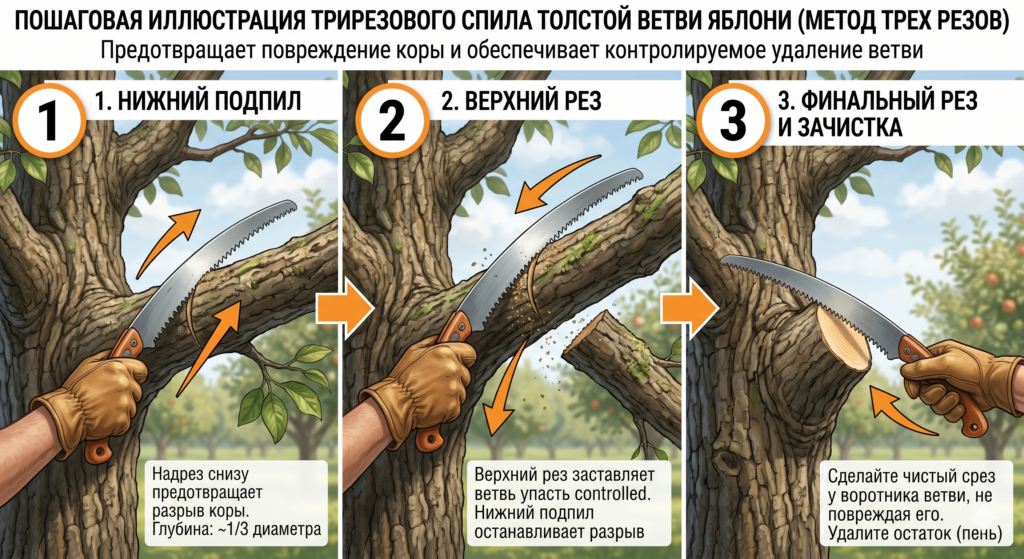 иллюстрация трирезового спила толстой ветки яблони